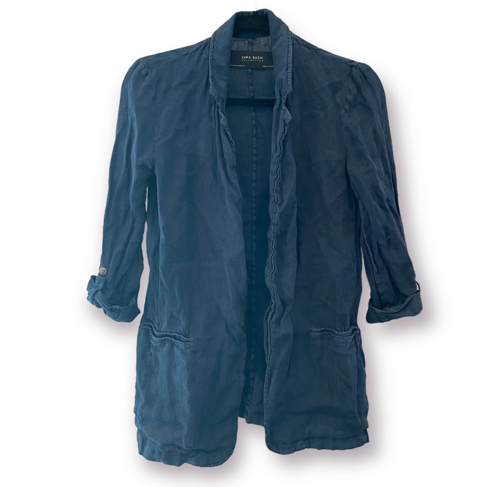 ZARA Linen Open Blazer Navy Blue Lightweight Overshirt Jacket XS